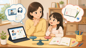 タブレット教材と紙教材を比較する親子のイメージ