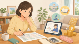 タブレット学習の料金と家計を確認する保護者のイメージ