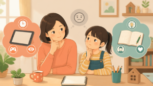 タブレット学習と紙教材を比較して検討する親子のイメージ