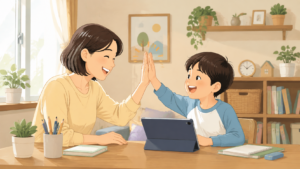 タブレット学習を親子で前向きに続けるイメージ