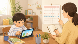 タブレット学習のお試し期間をカレンダーで確認する親子のイメージ